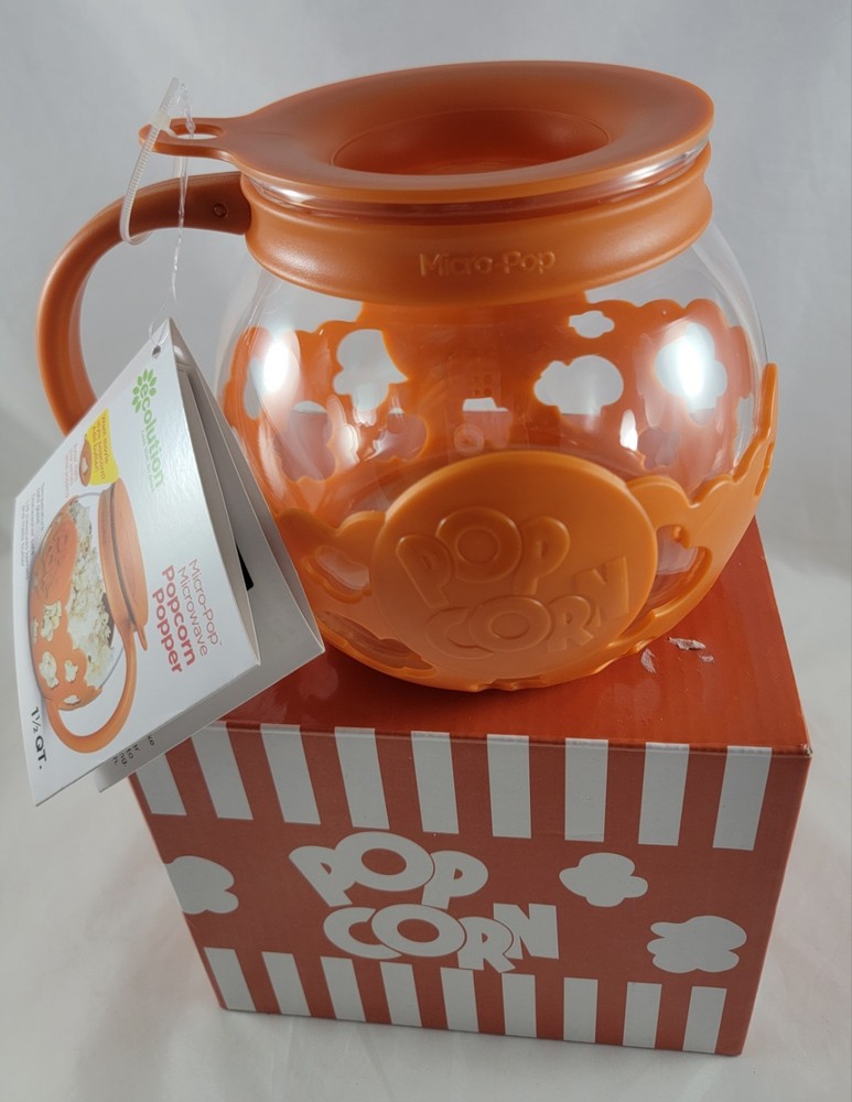 NEW Orange Ecolution Micro-Pop Microwave Popcorn Popper Temperature Safe Glass