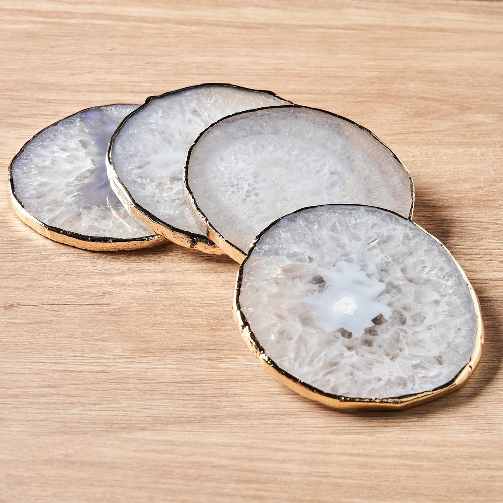 White Agate Coasters for Drinks, Crystal Coaster with Gold Edge 3.5-4", Geode...