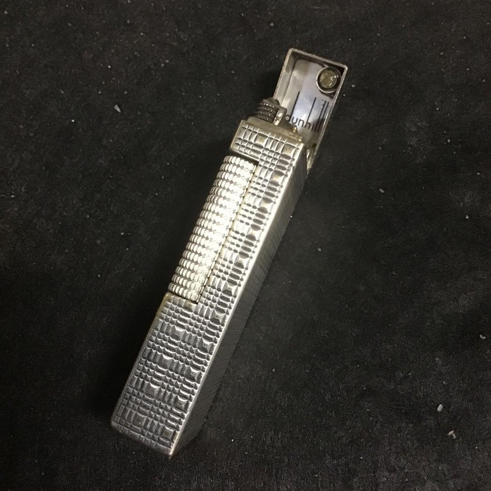 Dunhill Square Gas Lighter Silver Check Pattern Tested Works Overhauled No Box