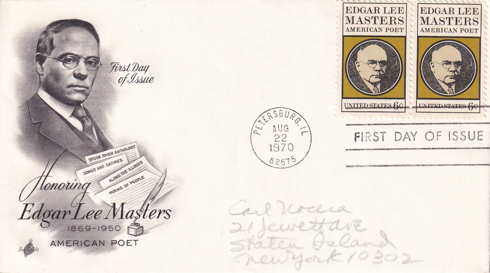 STAMP US SCOTT 1405 "Edgar Lee Masters" 6 CENT 1970 PAIR FDC - B