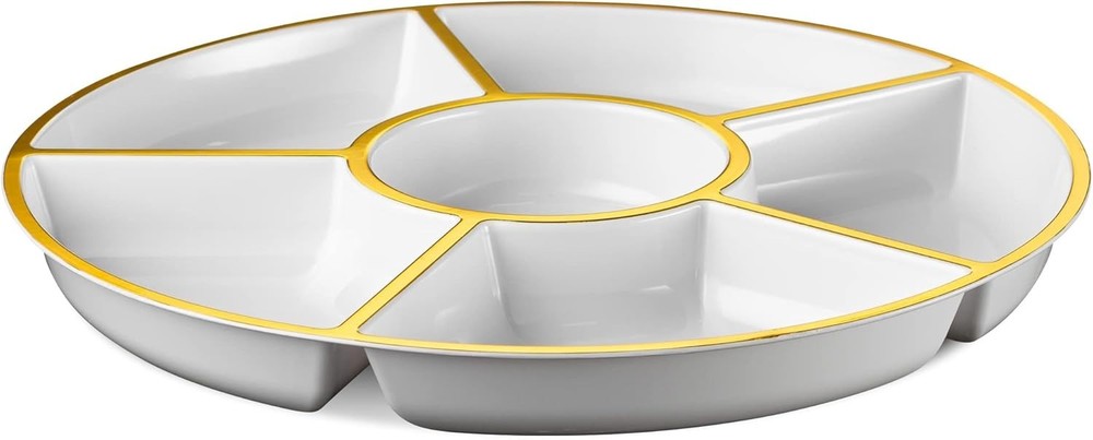 6 Sectional Round Plastic Serving Tray/Platter 2, White & Gold