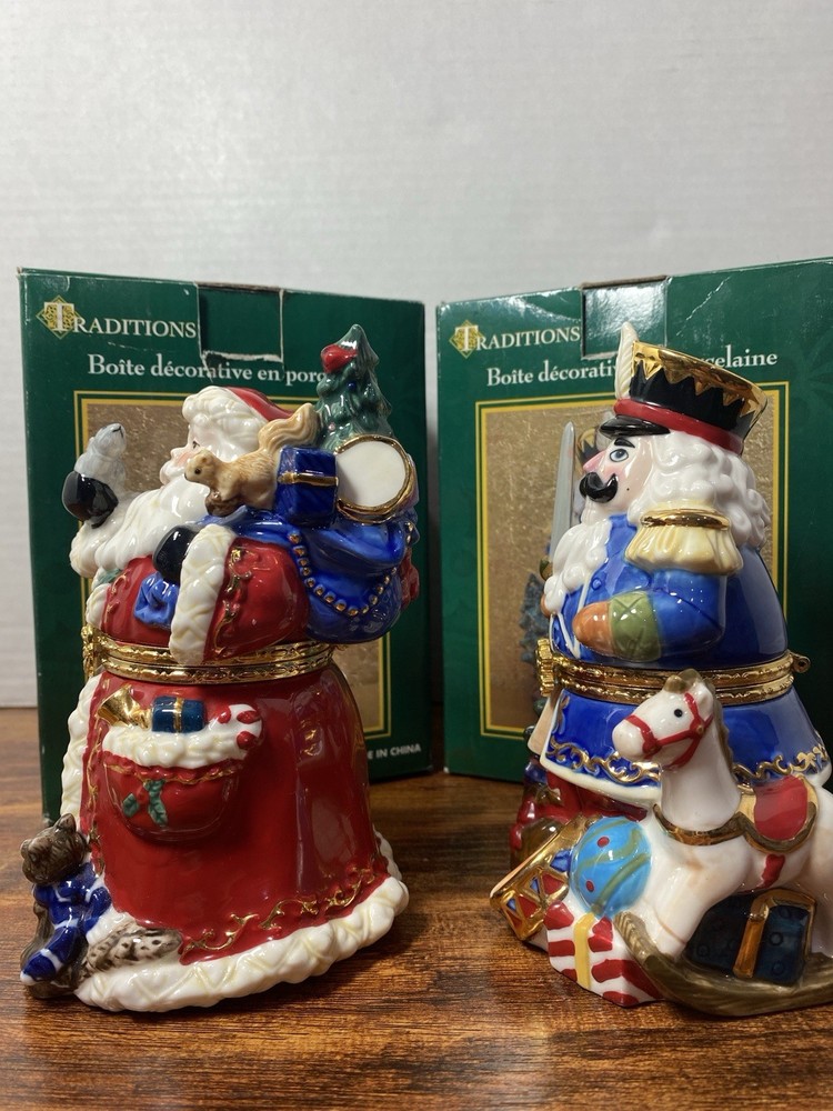 2 Traditions Porcelain Decorative Keepsake Box Hand Painted Santa & Nutcracker