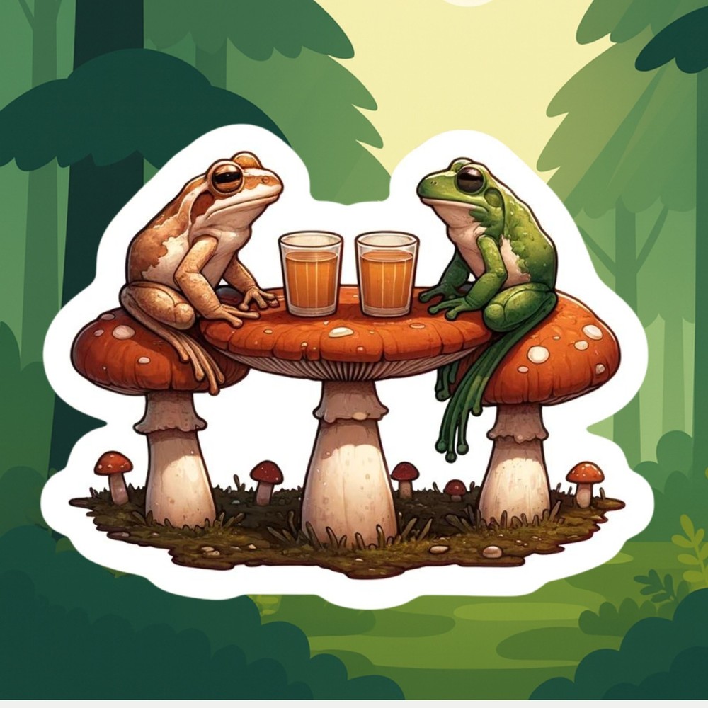 2" Two Toads On Toadstools Having Drinks Sticker, Decal, Mushroom, Table, Retro