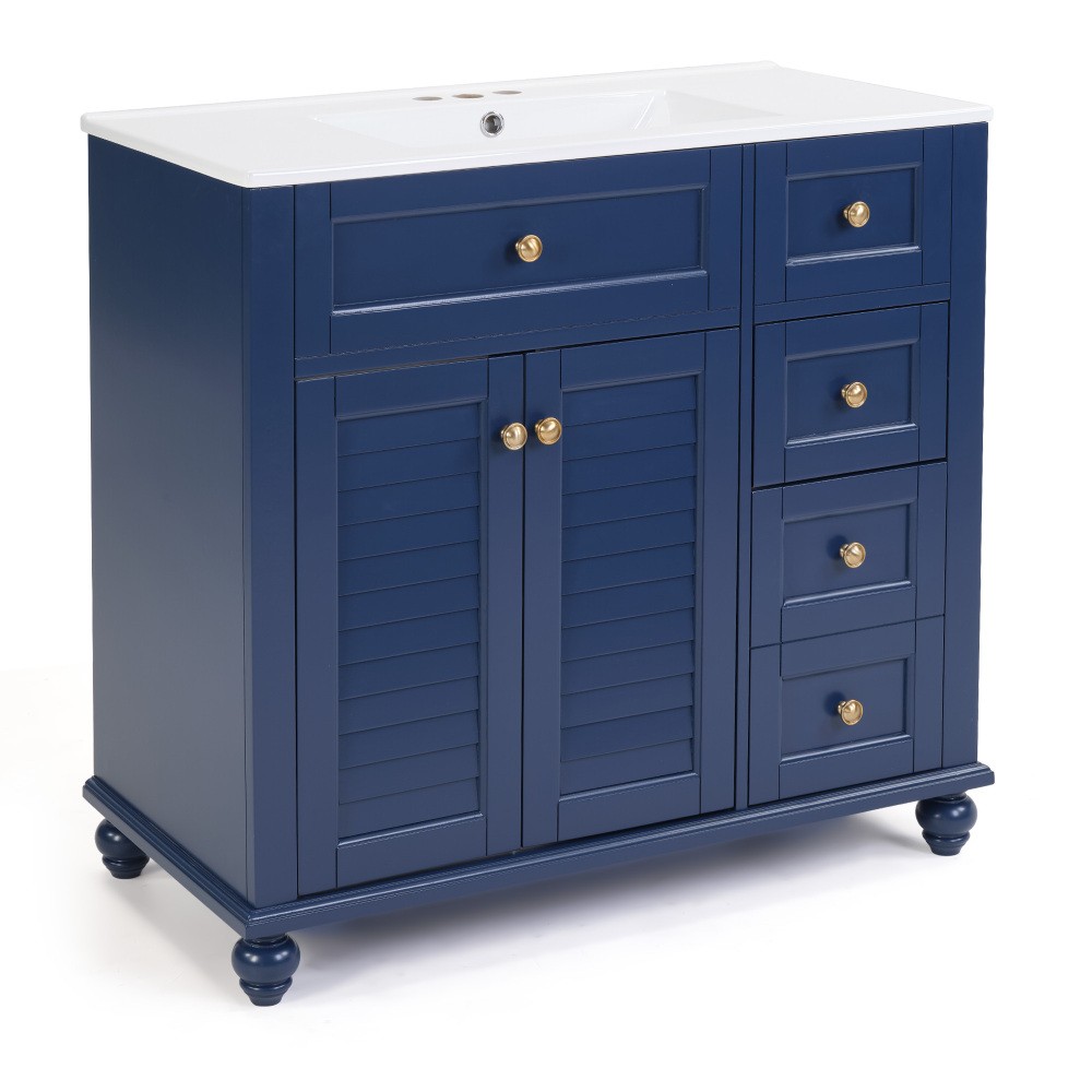 36" Blue Bathroom Vanity with Ceramic Sink, Soft-Close Drawers, Solid Wood Frame