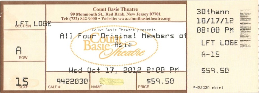 2012 Asia Full Complete Concert Ticket Stub Red Bank NJ