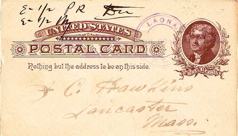 New York Laona c1885 violet double ring double rim cds  1850-1901  Postal Card.