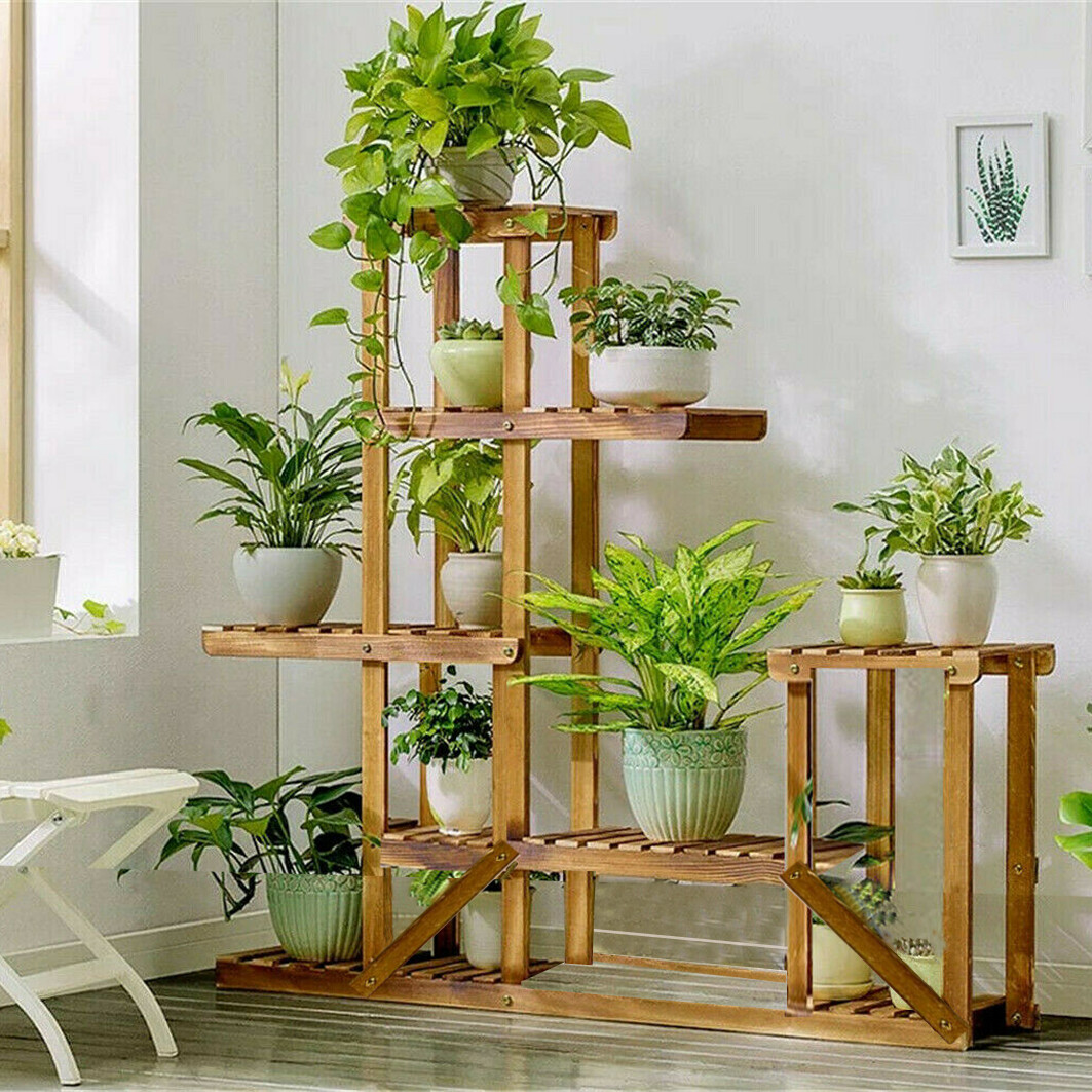 Multi Tier Wood Flower Rack Plant Stand Wood Shelves Bonsai Display Shelf Indoor