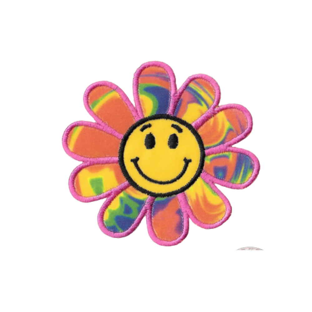 Happy Face Rainbow Daisy (2-Pack) Embroidered Flower Iron On Patch