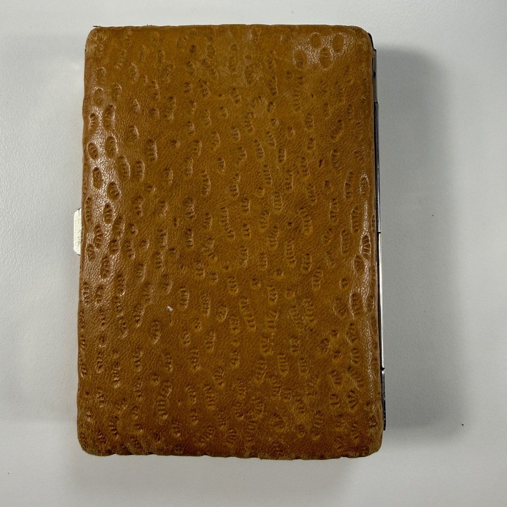 Vintage Brown Textured Leather Cigarette Case Push Button Metal Frame