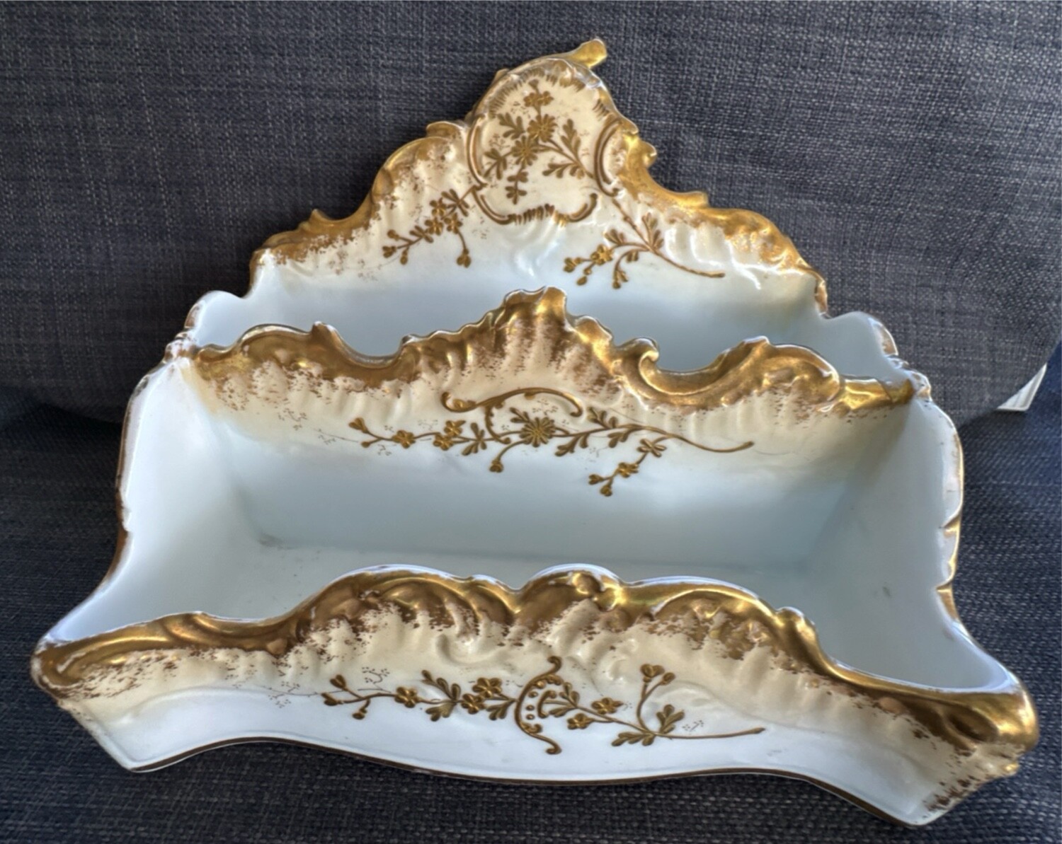 antique c. 1900 AK CD LIMOGES gilt porcelain letter holder desktop accessory