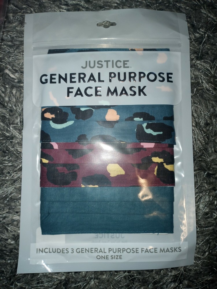 Justice 3pk reusable Face MAsk 2 animal print& 1 solid new
