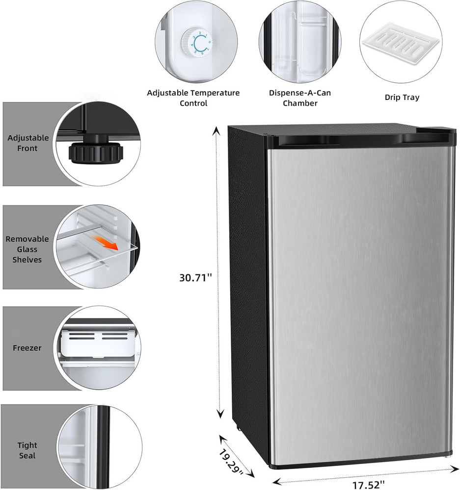 Mini Compact Refrigerator with Freezer, 3.2 Cu.Ft. Single Door with Adjustable T