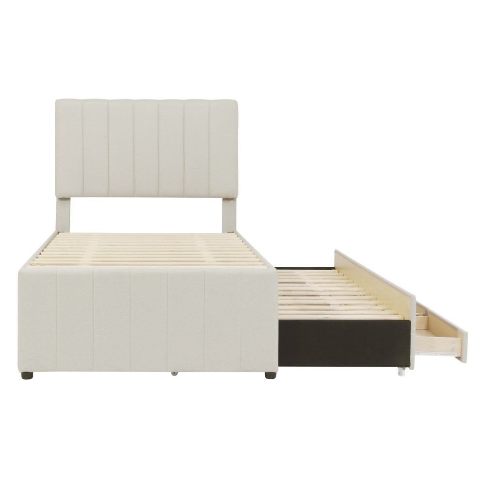 Twin Size Bed Frame Upholstered Platform Bed w/ Pull Out Trundle & 3 Drawers