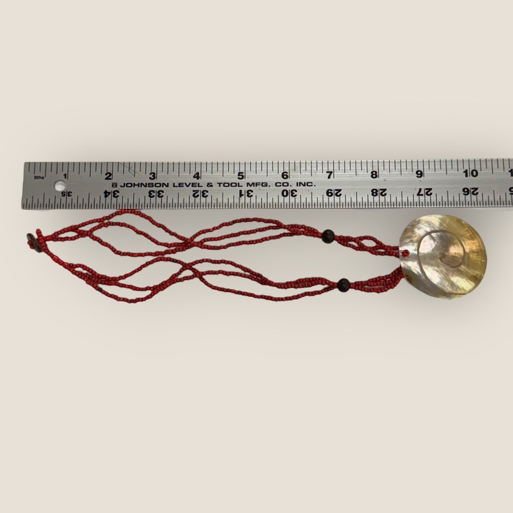 Vintage Red Beaded Necklace With Spiral Shell Pendant & Button Closure