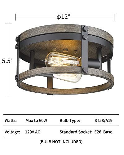 2-Light Farmhouse Flush Mount Ceiling Light, 12 inch Kitchen Ceiling Black