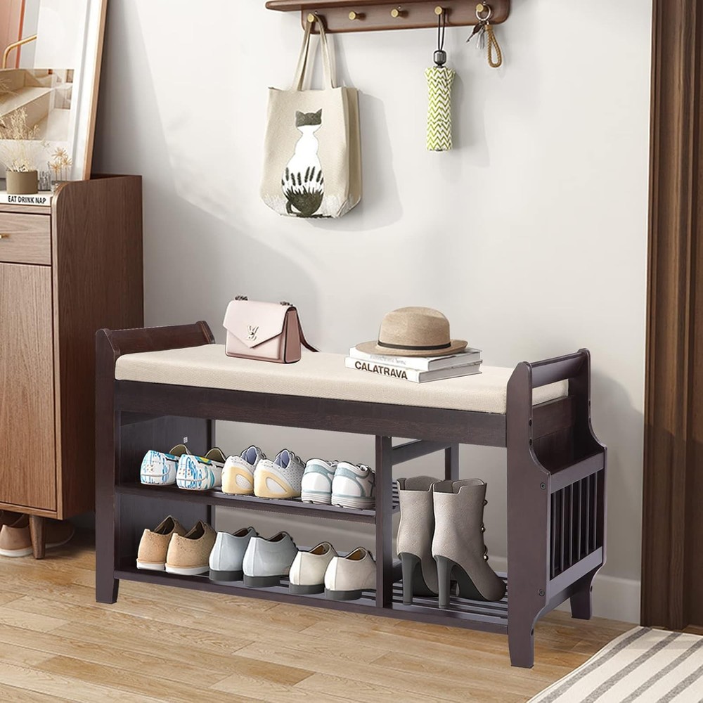 Bamboo Entryway Shoe Bench with Drawer Large