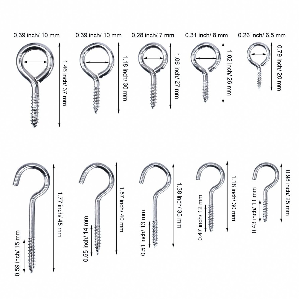 Bememo Screw Hooks and Eyes Kit, Assortment Size Ceiling Silver
