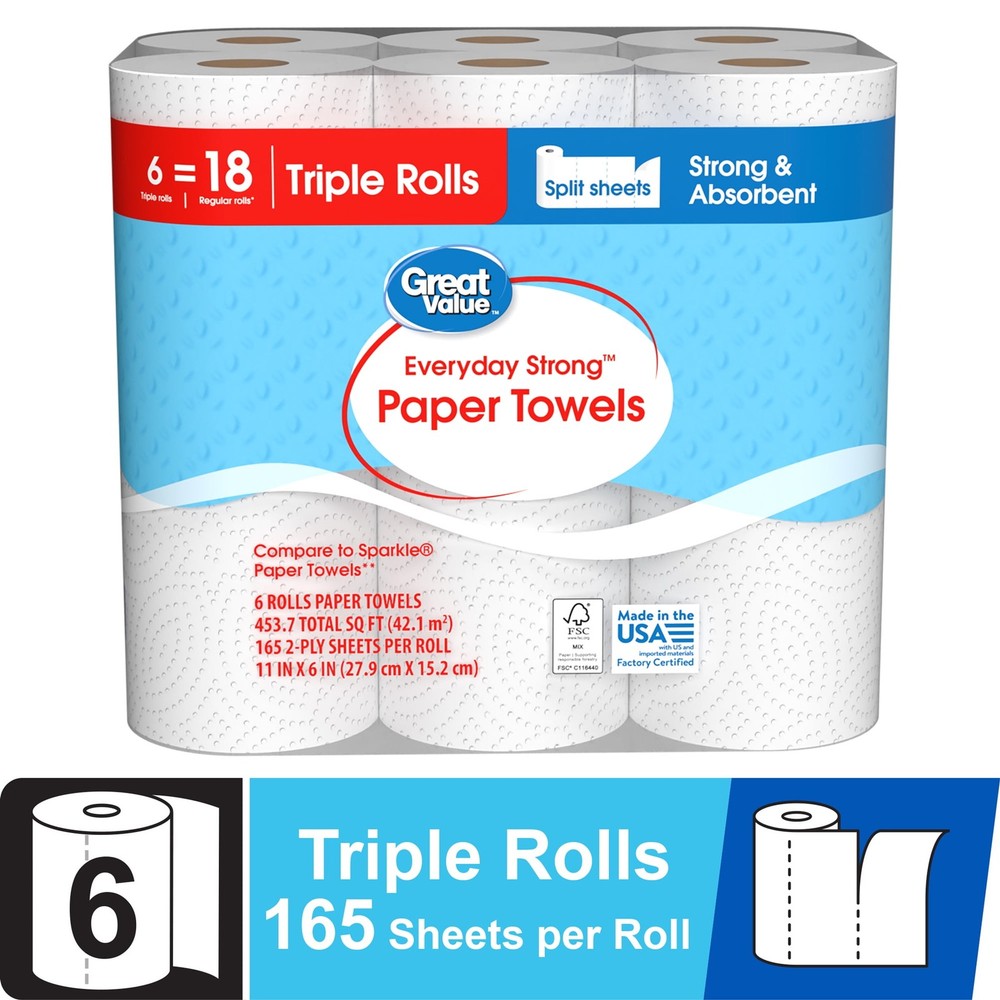 Everyday Strong Paper Towels, 6 Triple Rolls, Split Sheets