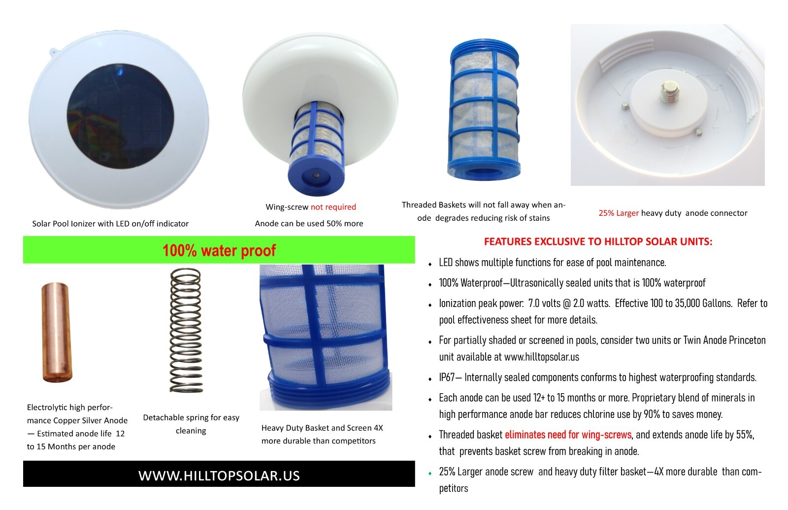 Solar Pool Ionizer | Self cleaning anode | 100% water proof | 7.0V - 1.75 watts