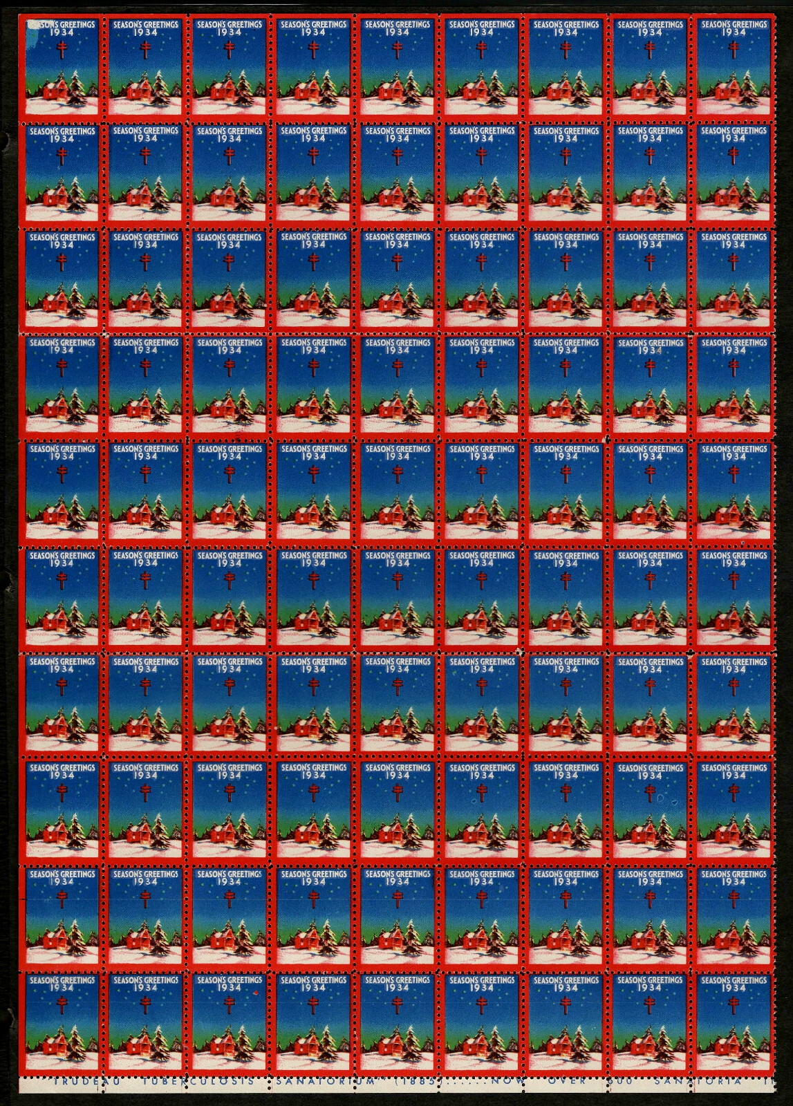 1934 WX75 Winter Night/Snow Partial Sheet of 90 US Christmas Holiday Seals MNH