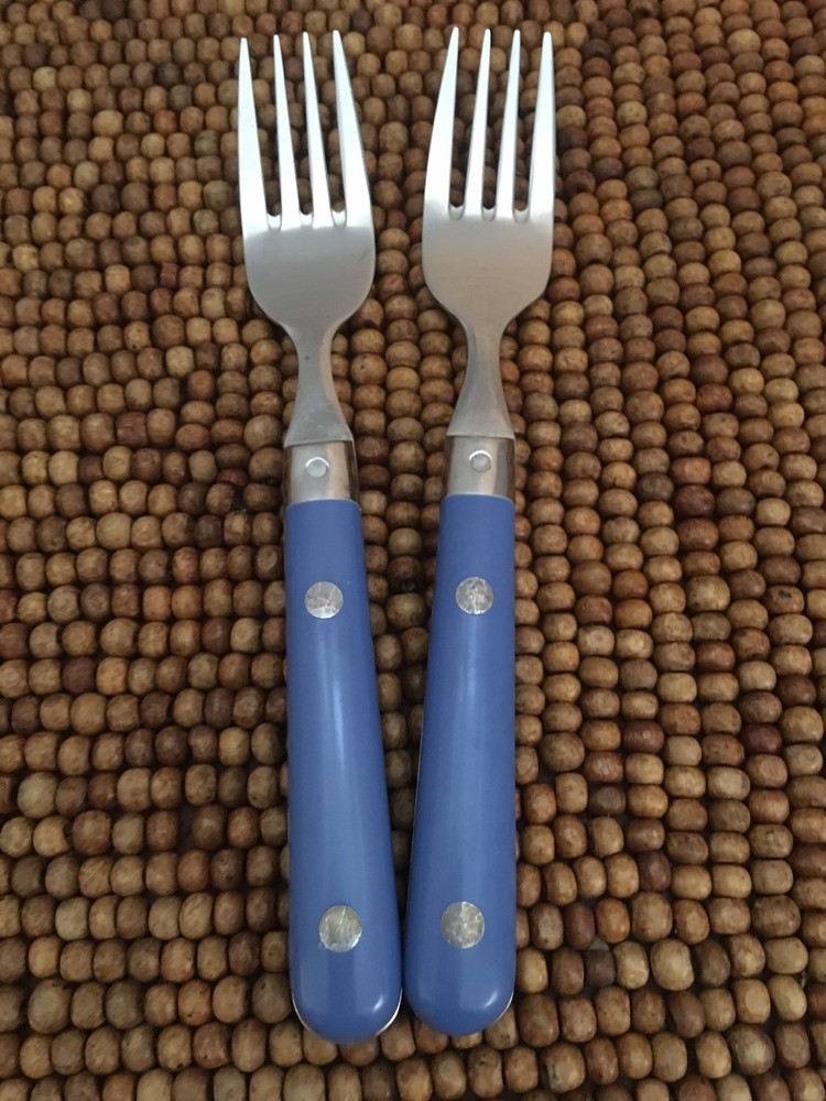 Stainless Flatware BLUE GREY Plastic Rivets  2 SALAD FORKS 6 3/8”