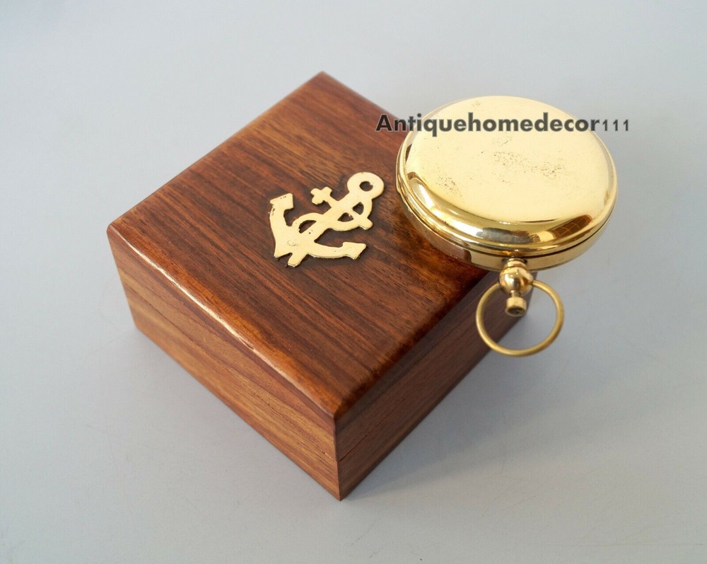 Handmade Brass Push Open Compass with Rose Wood Case, Pocket Compass