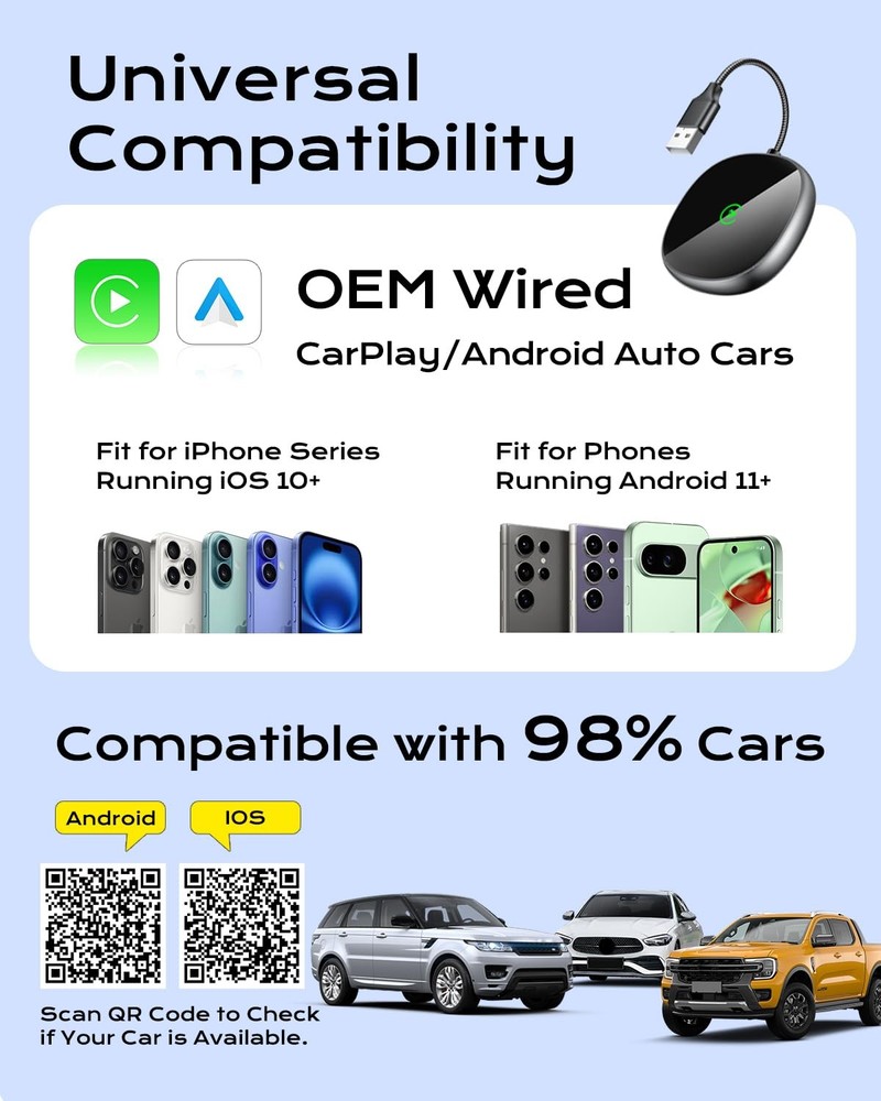 Wireless Carplay Adapter for iPhone Android Auto 2-in-1, Stable, Plug Play ...