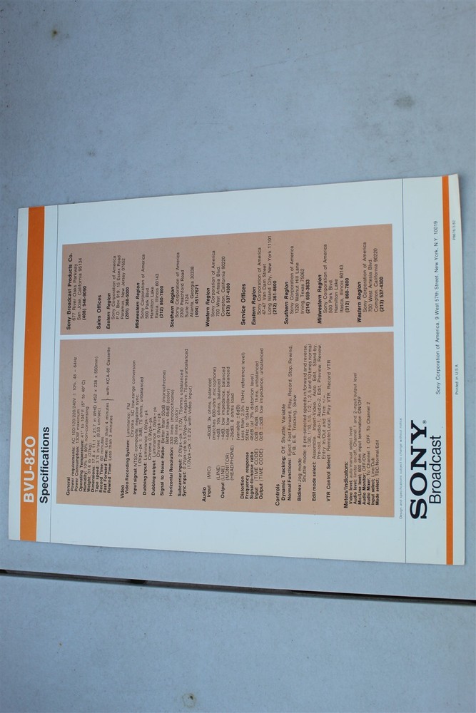 SONY BVU-820 BROADCAST CASSETTE VTR BROCHURE - SPECIFICATION SHEET