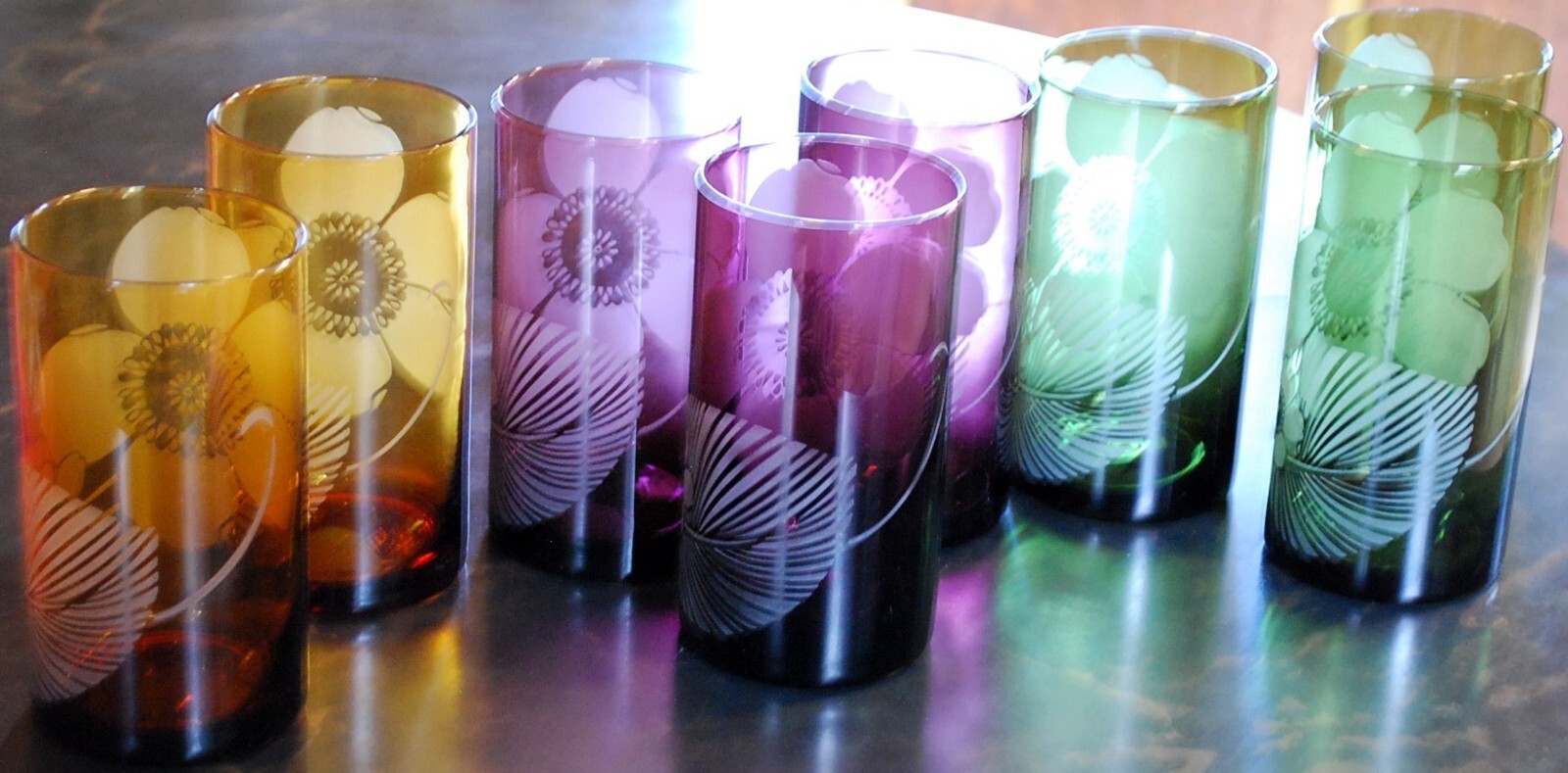 Vtg Set 8 PIER 1 Tumbler Glasses ETCHED FLOWER Hand Blown 6" Multicolor 20 Ounce