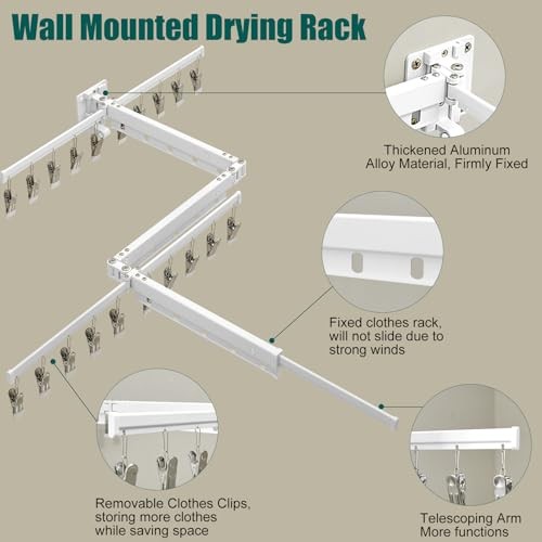 White Clothes Drying Rack Retractable Foldable Wall Mounted, Tri-Fold Space