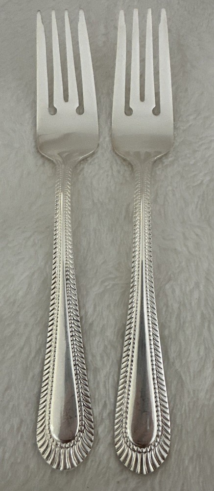 2 WALLACE Wickham Deep Silverplate Salad Forks Flatware Fan Bead 7”