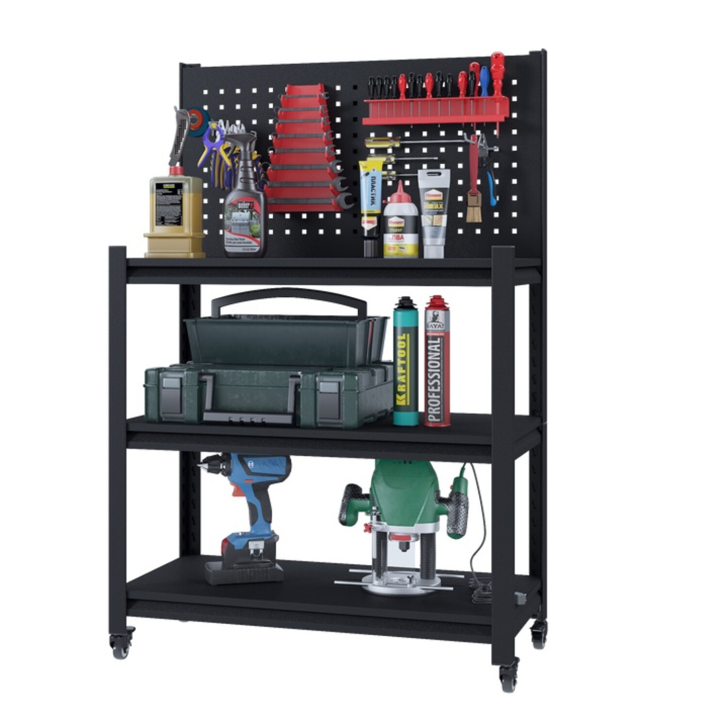 Tool Storage Workbench Rolling Shelving Steel Tool Rack Garage Shelves/ Pegboard