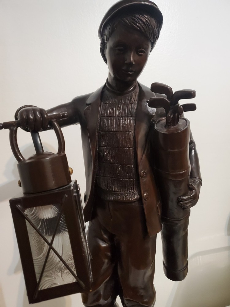 Bronze Boy Golfer Caddy Lantern Light Statue H 23"