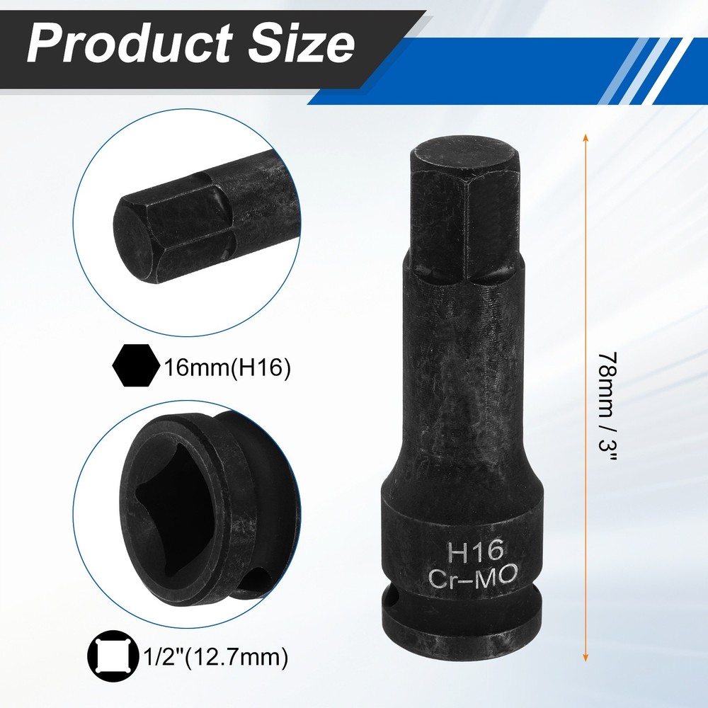 2pcs 1/2" Drive Impact Hex Bit Socket 16mm Metric CR-MO Steel Hexagonal Socket