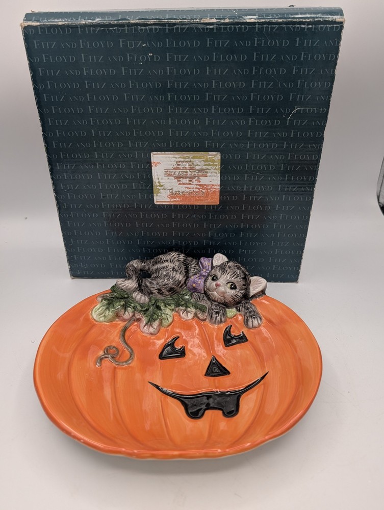 Fitz & Floyd Halloween Jack O Lantern Black Cat Canapé Candy Appetizer Plate