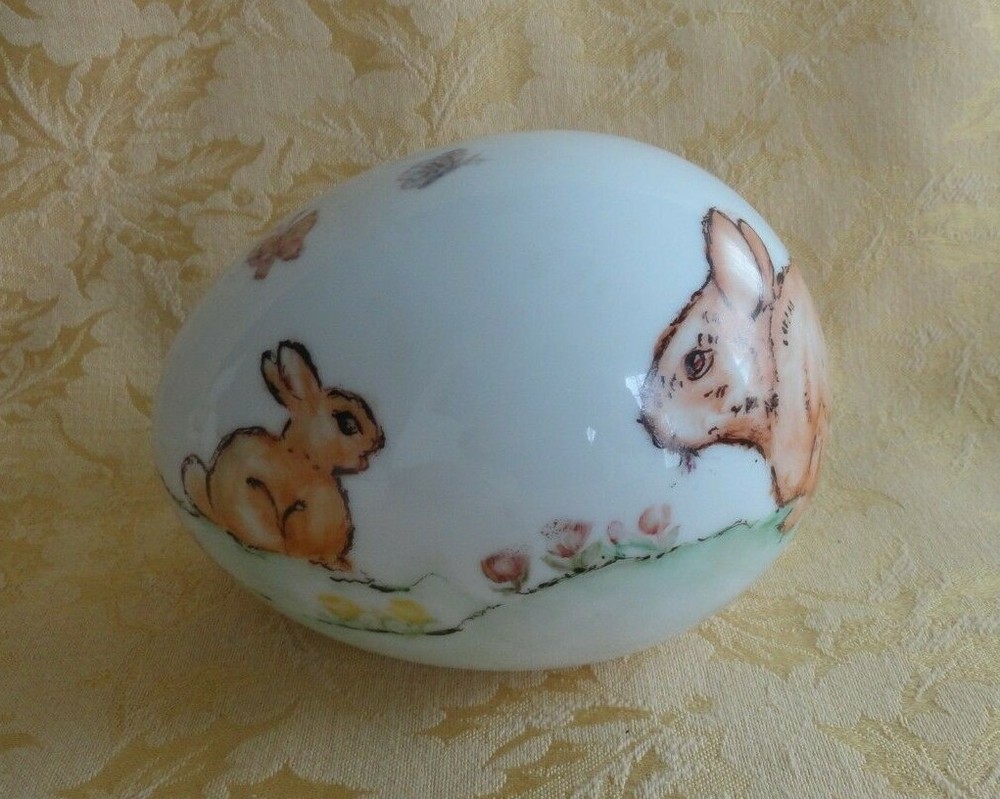 Personalized Hand Painted Porcelain Easter Egg with Bunny & Butterfly Signed