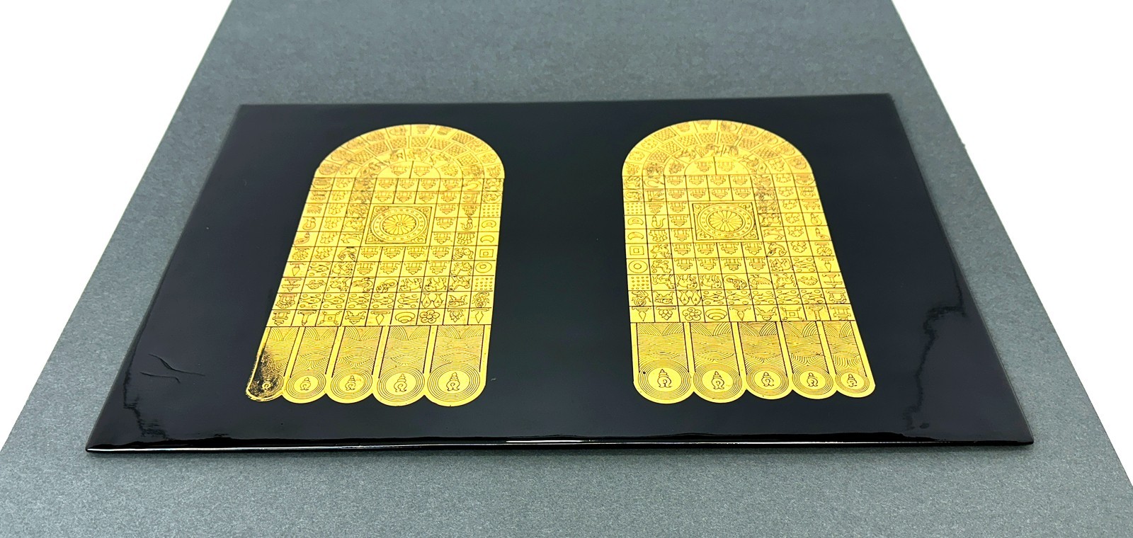 Large Burmese Gold Leaf Buddha Footprint Lacquer Panel Altar Art Zen Decor 18"