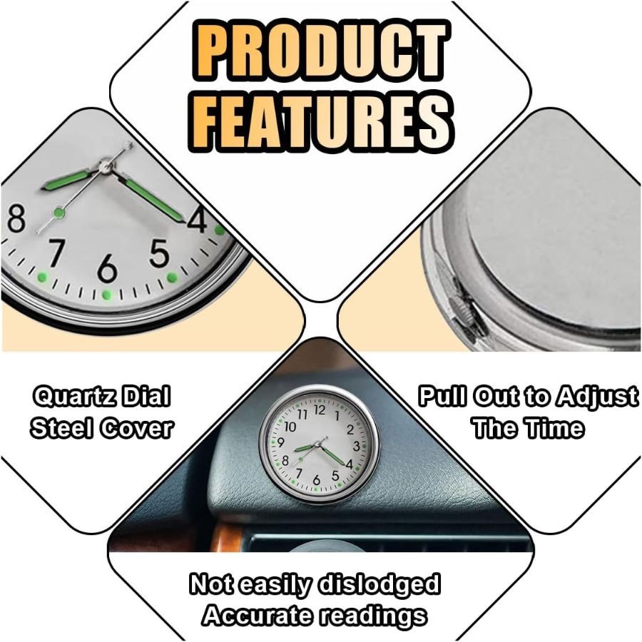 2PCS Mini Clock, Luminous Clock with Adhesive, Air Vent Clip Quartz Clocks, Dash