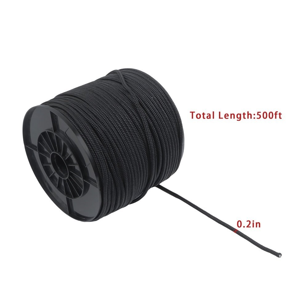 1/4" × 500' Black Nylon Rope Sturdy Spool Solid Braid Knot Rope Multipurpose