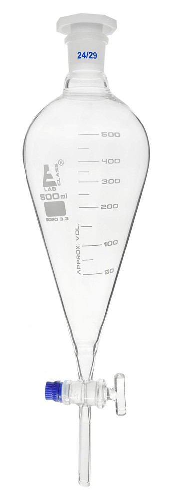 EISCO Squibb Separating Funnel, 500ml - 24/29 Plastic Stopper, Transparent