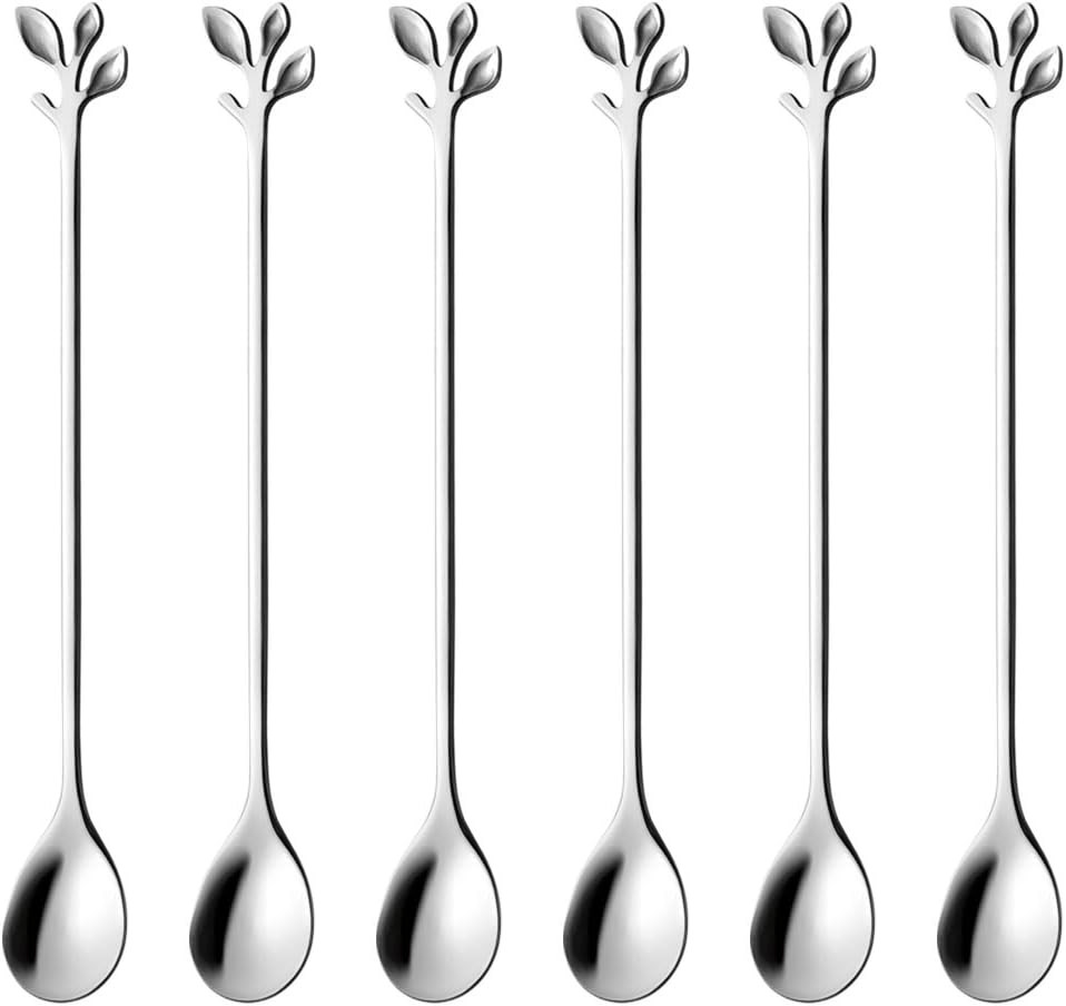 6.5" Elegant Leaf-Design Silver Coffee & Tea Spoons Set of 6- Long Handle Stainl