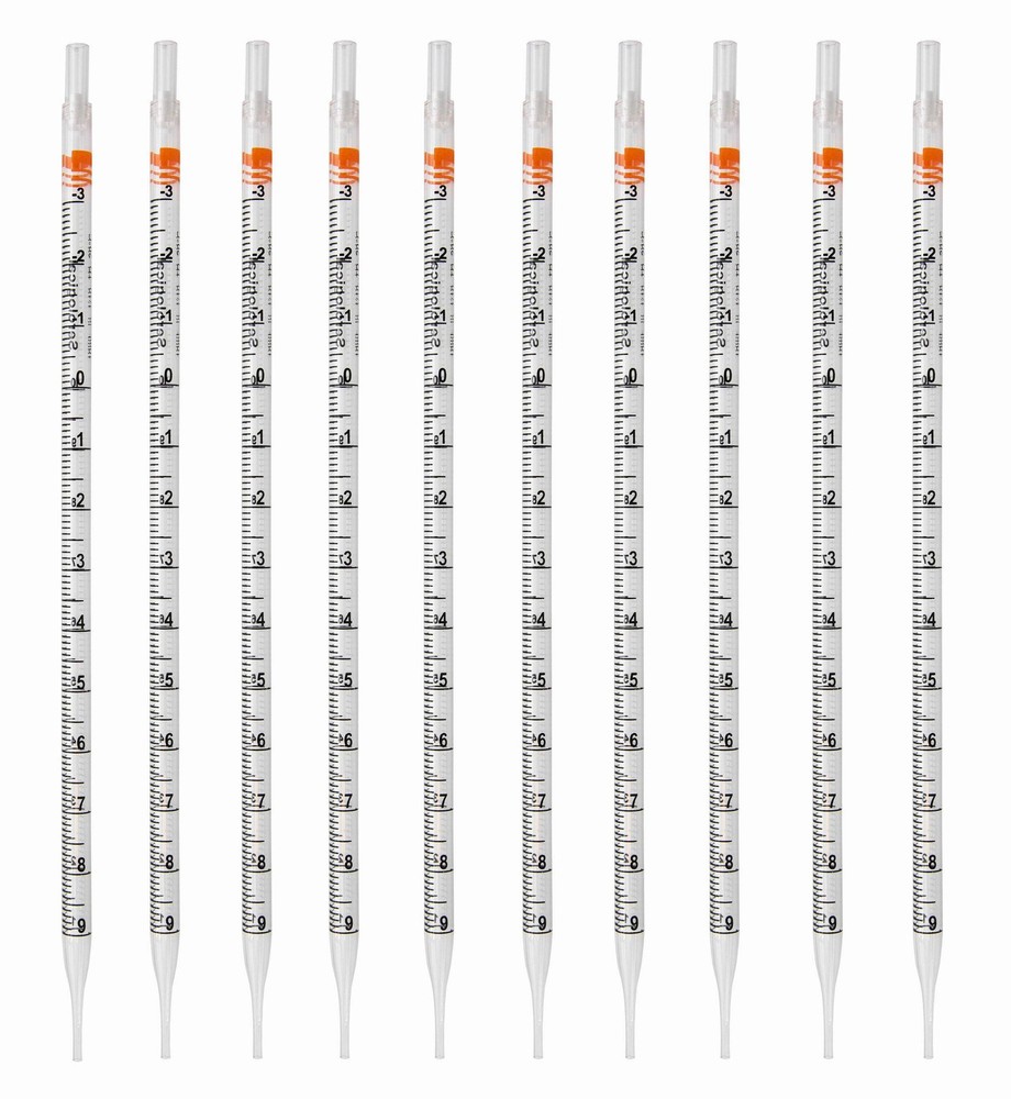 Pipette Serological, 10ml Capacity by 0.1ml, Plastic, Sterile, Color Coded. Pack