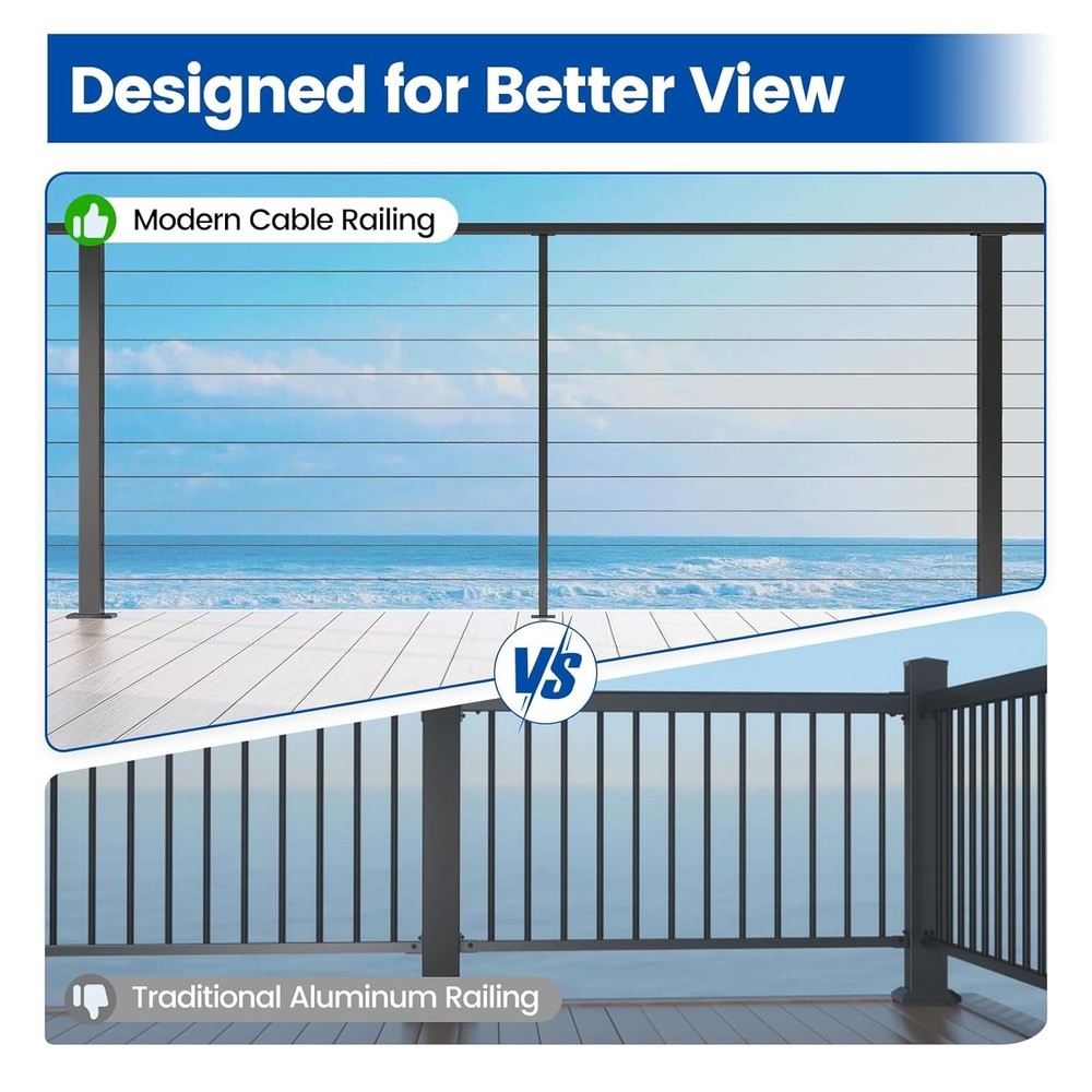 Black Aluminum Intermediate Cable Railing Post 36" Surface Mount w/ Flat Bracket