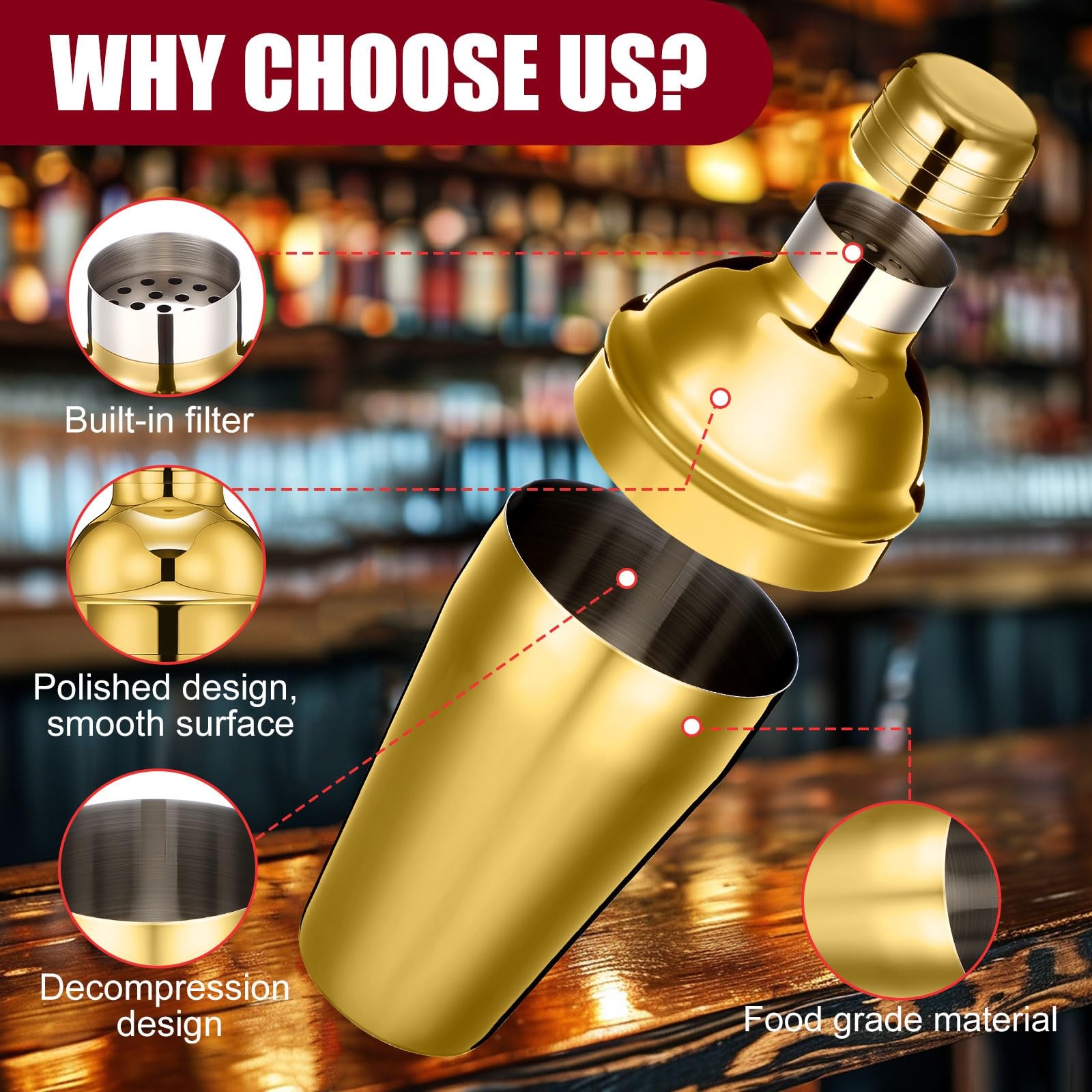 Nitial 6 Pcs Bar Cocktail Shaker Professional Stainless Steel 18.6 oz, Gold