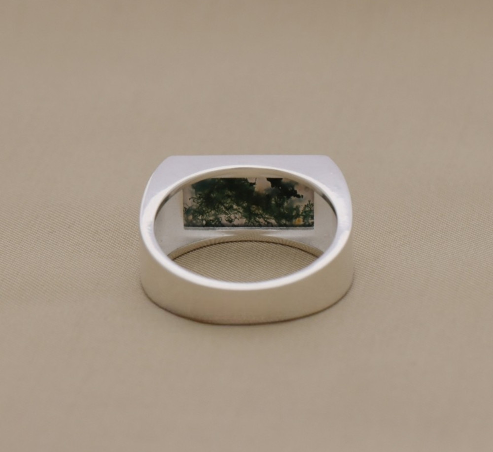 Sterling Silver Moss Agate Rectangular Signet Ring – Unique Natural Gemstone Des