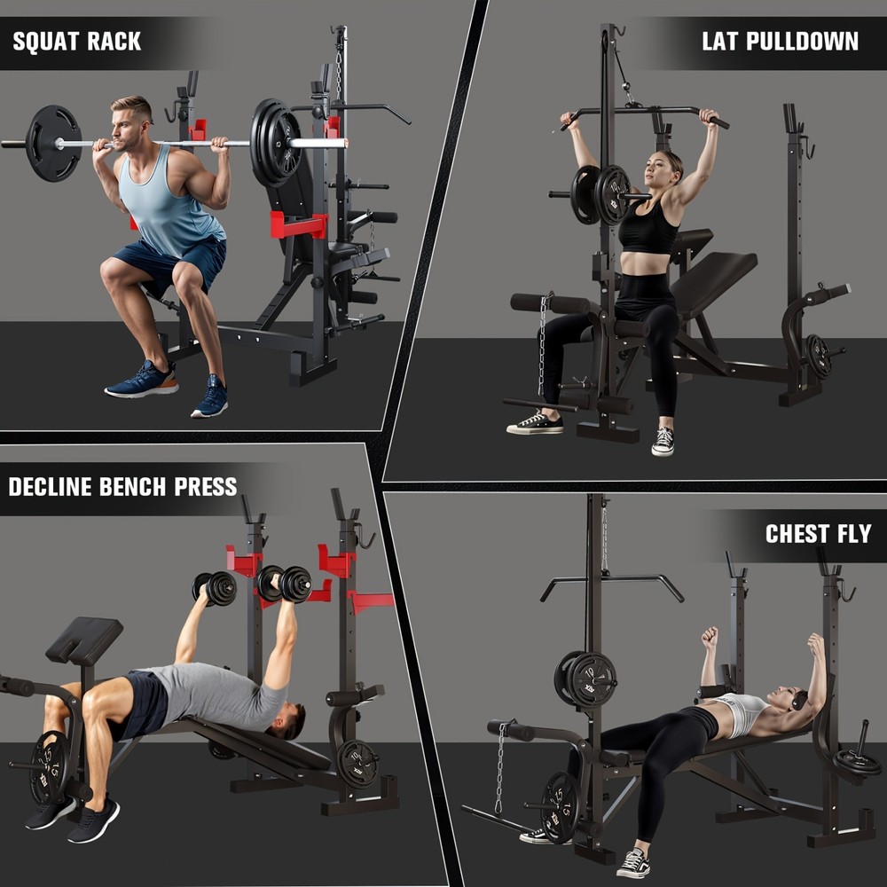 10-in-1 Adjustable Weight Bench Press Set Squat Rack Lat Pulldown 1000lbs Home