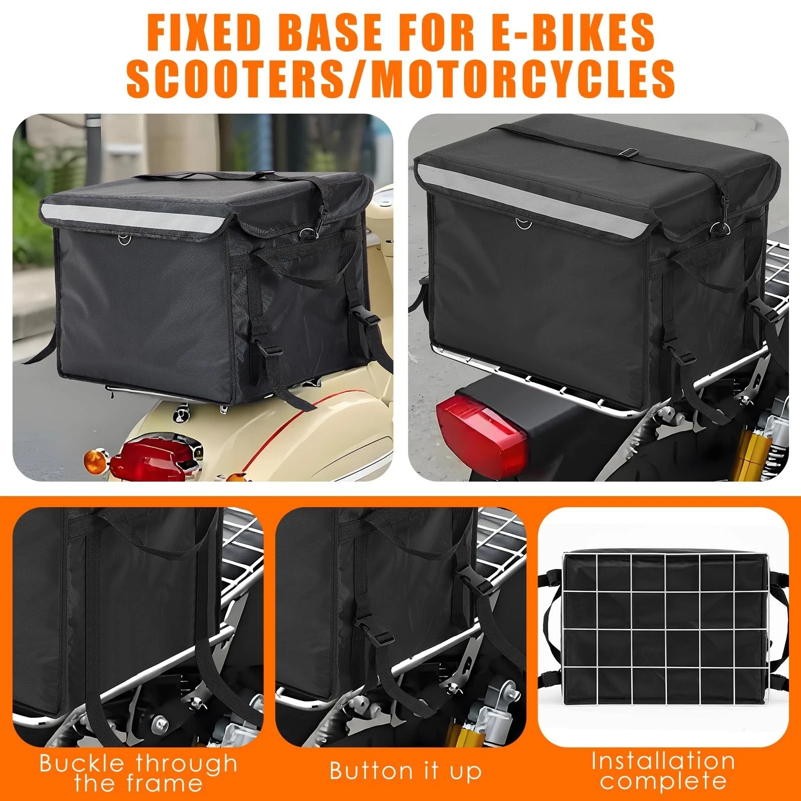 Insulated Food Delivery Bag for Bike with Rear Rack Pizza Delivery Box with S...
