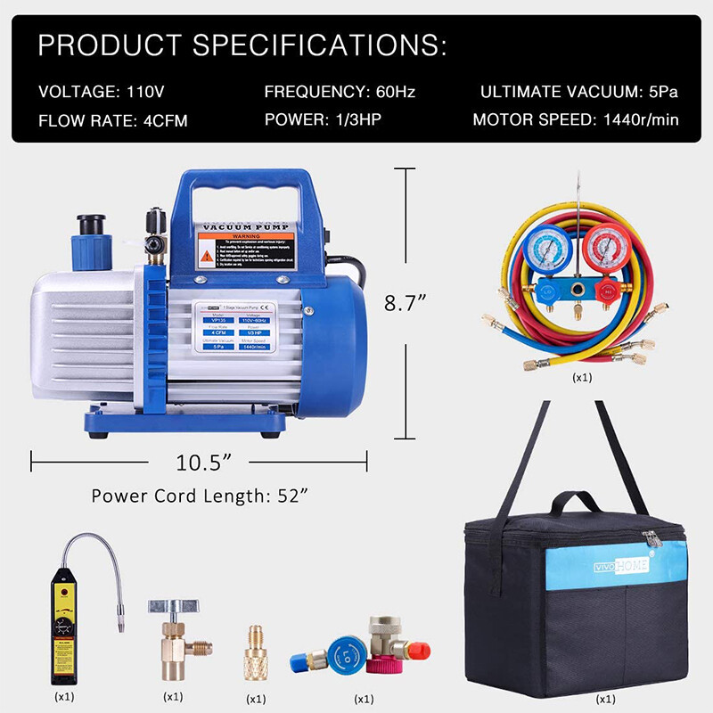 4CFM 1/3HP Air Vacuum Pump HVAC Refrigeration AC Manifold Gauge R134a ETL Listed