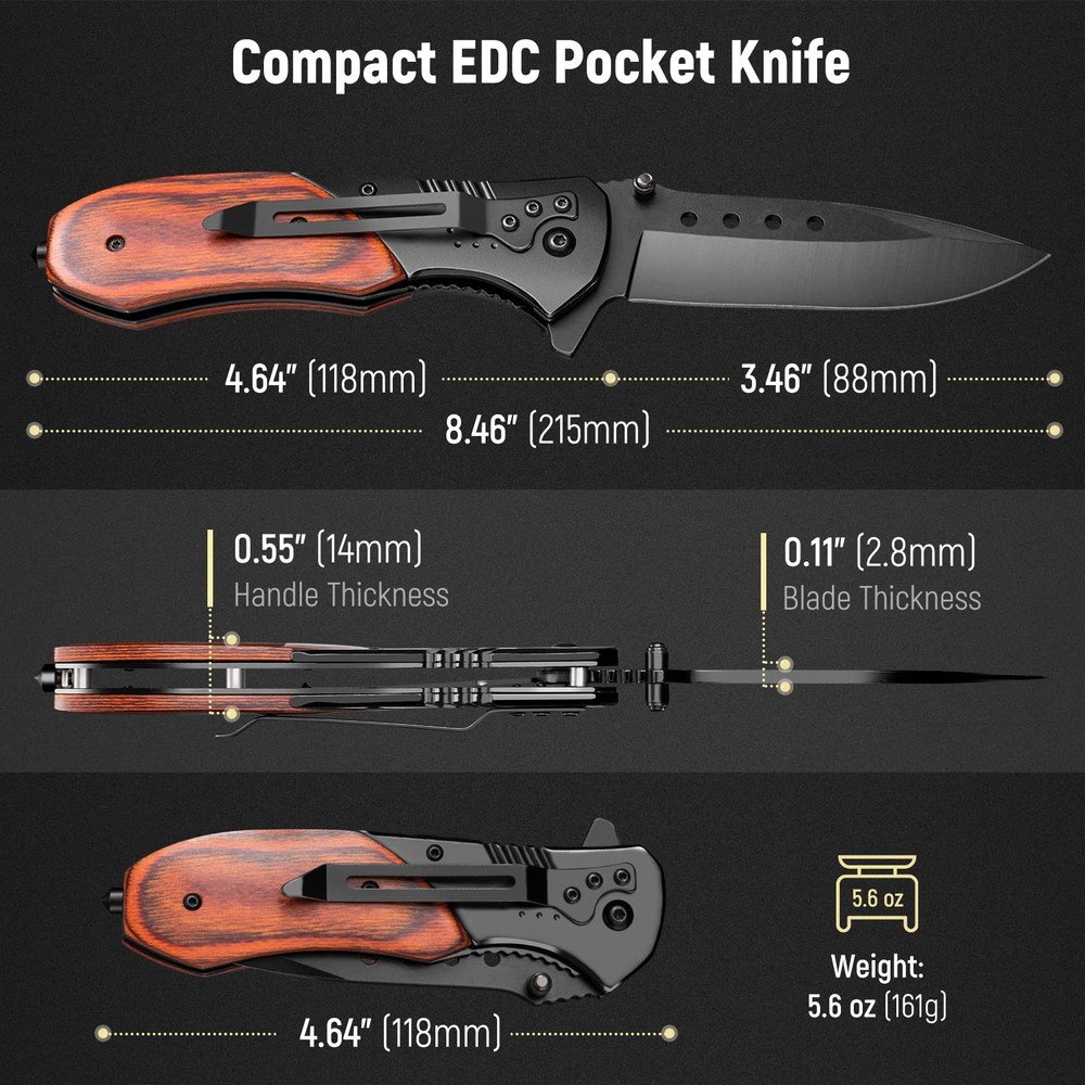 Pocket Knife for Men - Sharp Blade Wood Handle Pocket Folding Knives with Cli...