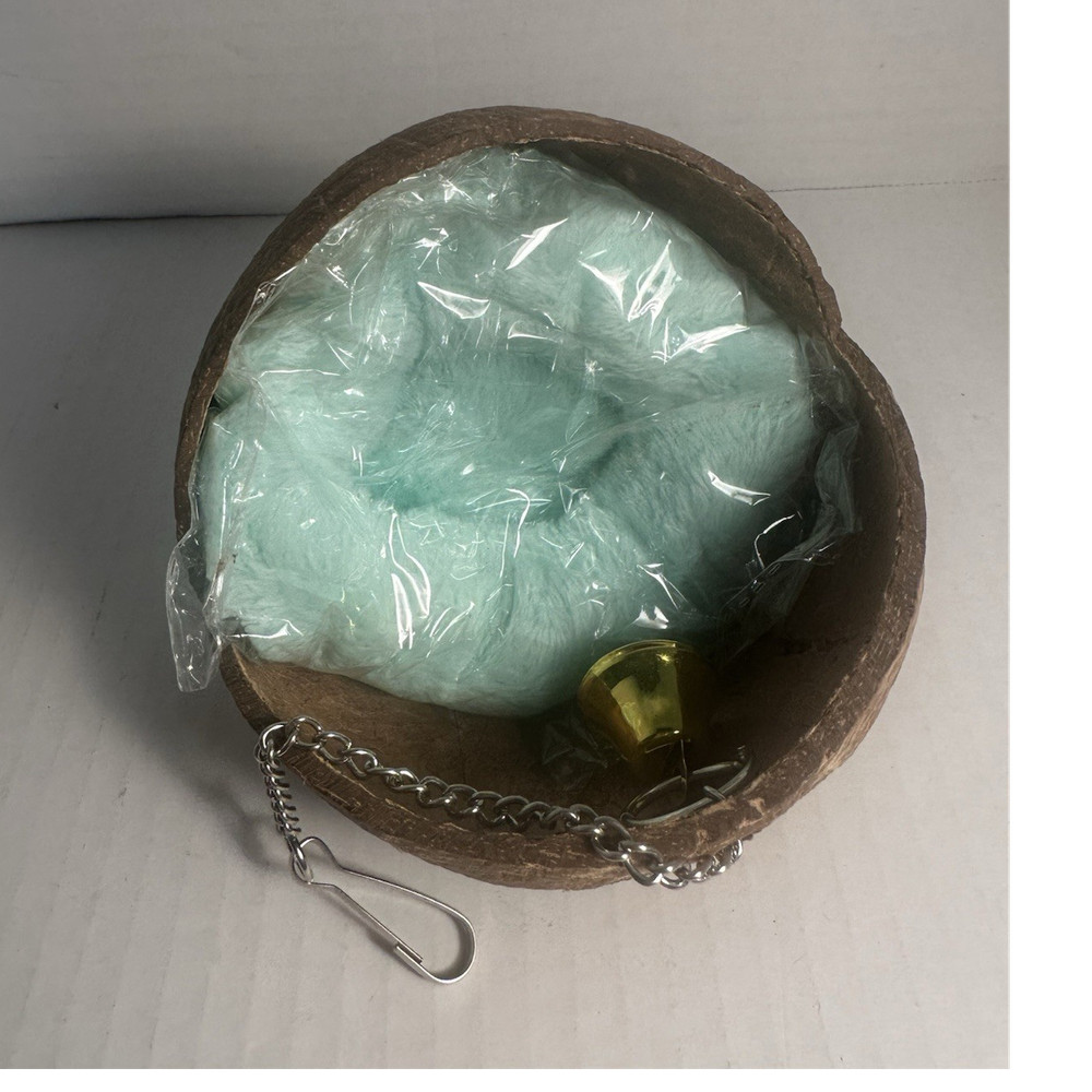 Coconut Shell Hamster Nest House with Chain, Bell, Soft Padding, Small, Brown